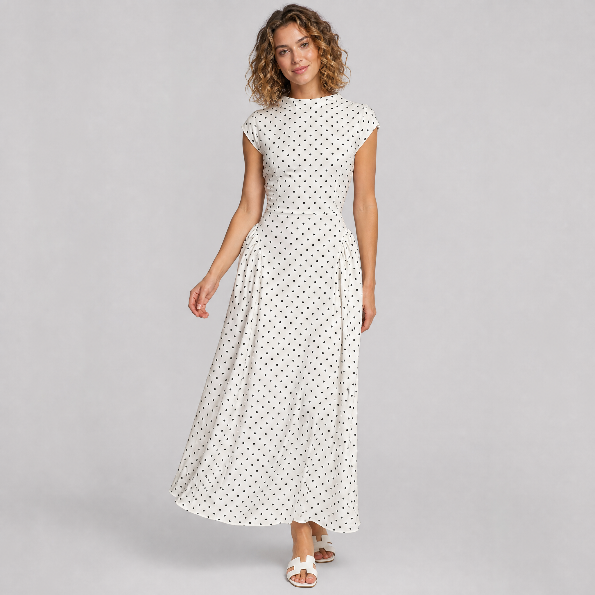 Women’s White Polka Dot Cap Sleeve Maxi Dress