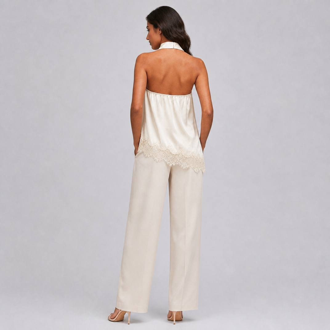 Women's White Satin Halter Neck Top – Elegant Lace Blouse
