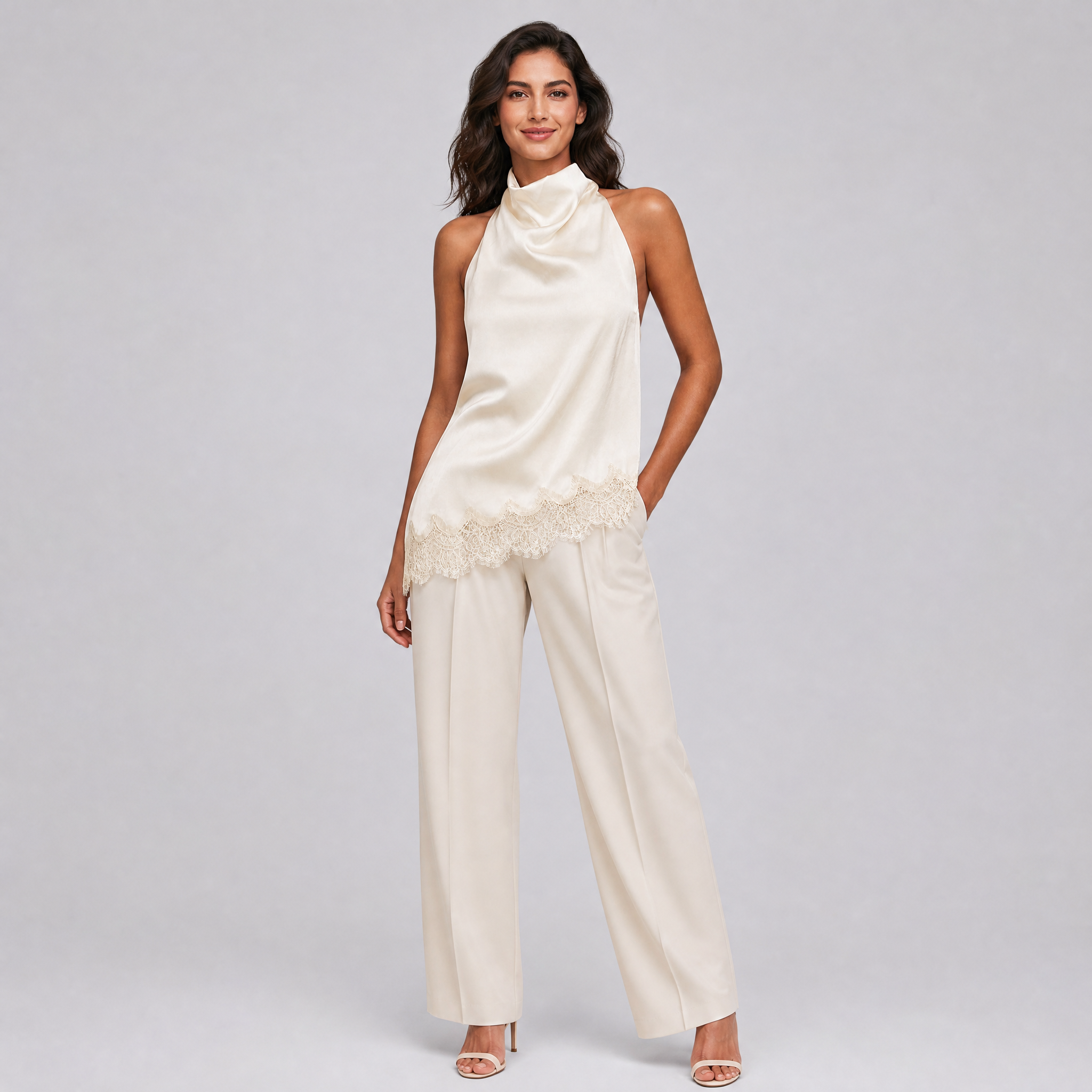 Women's White Satin Halter Neck Top – Elegant Lace Blouse