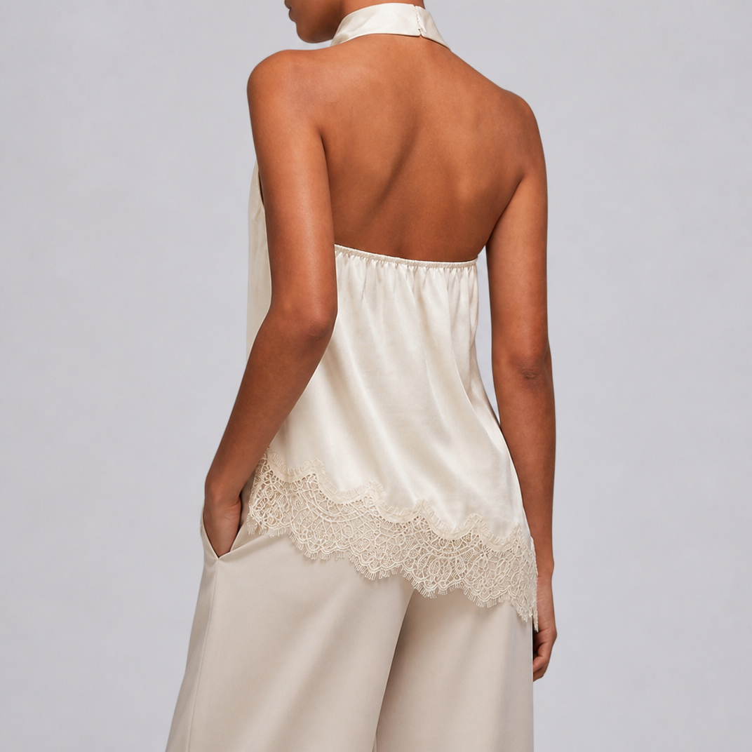 Women's White Satin Halter Neck Top – Elegant Lace Blouse