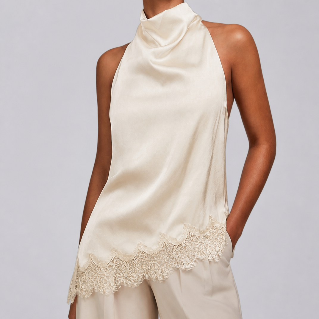 Women's White Satin Halter Neck Top – Elegant Lace Blouse