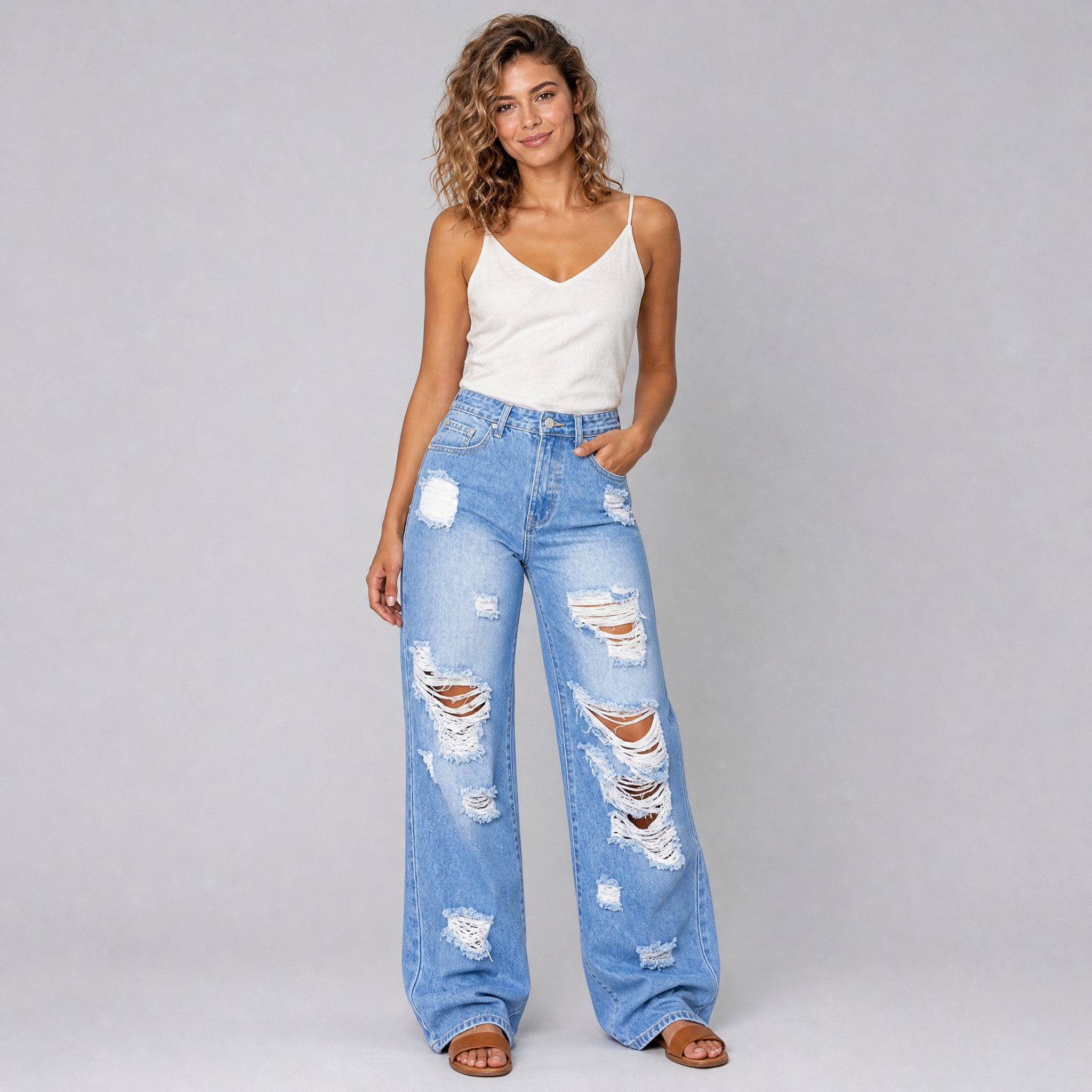 Women’s Wide-Leg Distressed Jeans with Frayed Cut-Outs