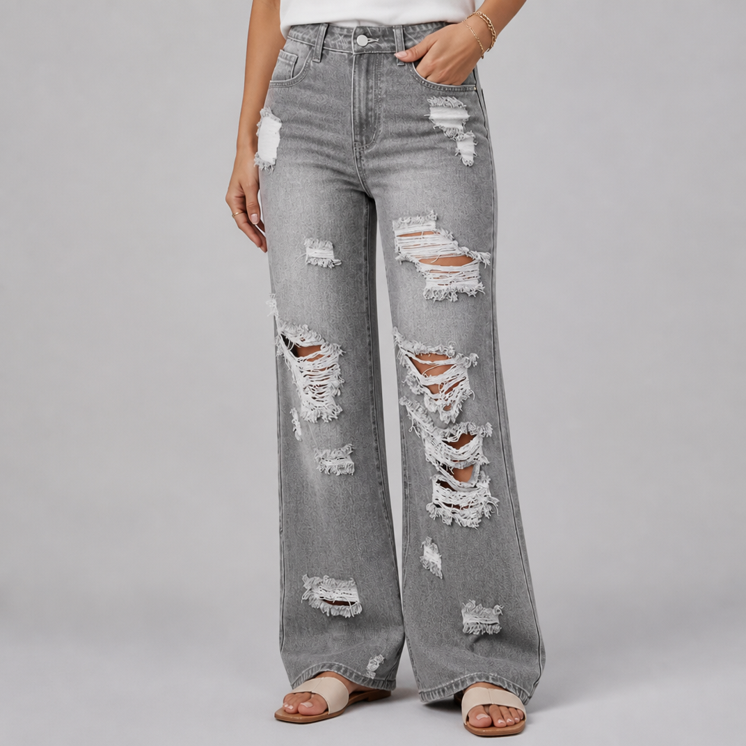 Women’s Wide-Leg Distressed Jeans with Frayed Cut-Outs