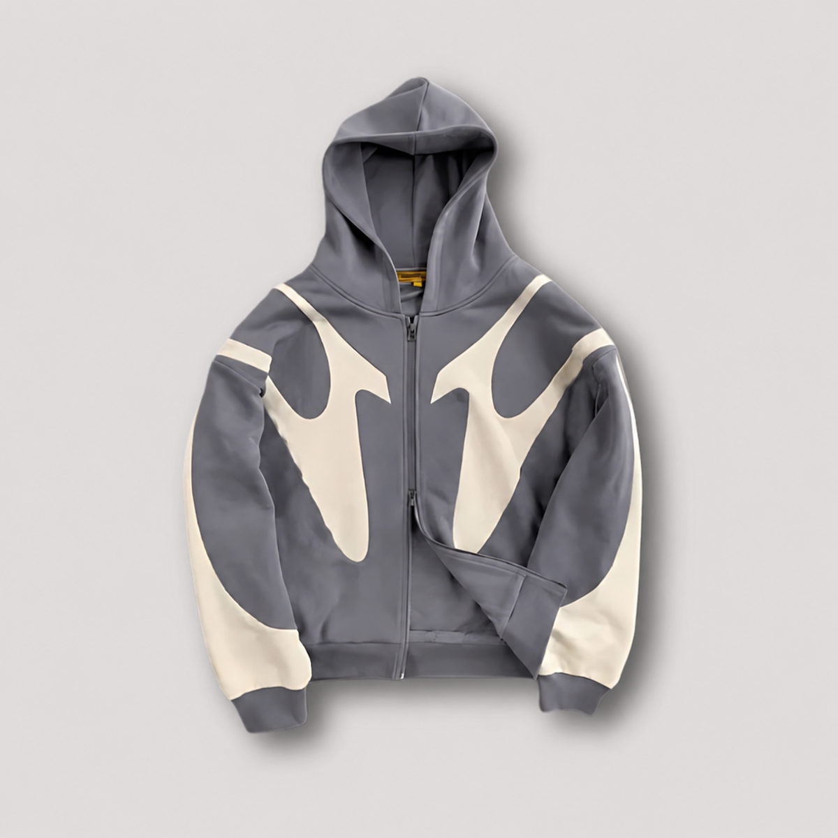 Men's hooded zip-up hoodie with contrasting graphic panels and long sleeves