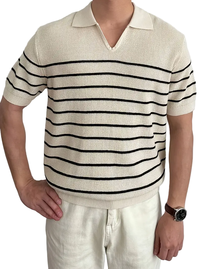 Men's V-Neck Striped Knit Polo