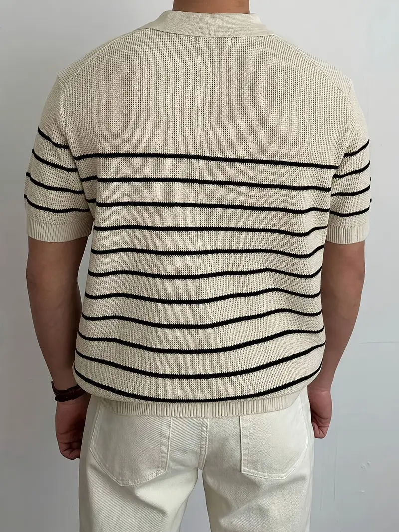 Men's V-Neck Striped Knit Polo