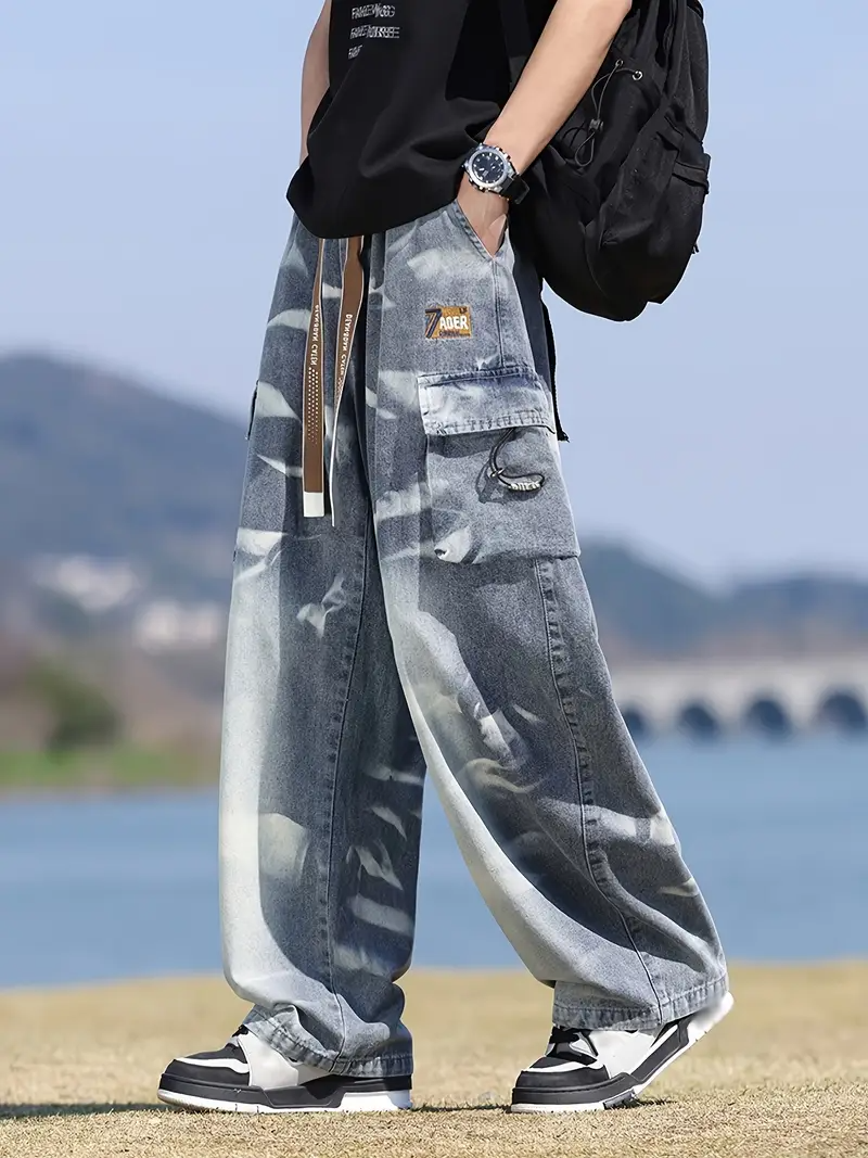 Men's Wide-Leg Cargo Denim Pants