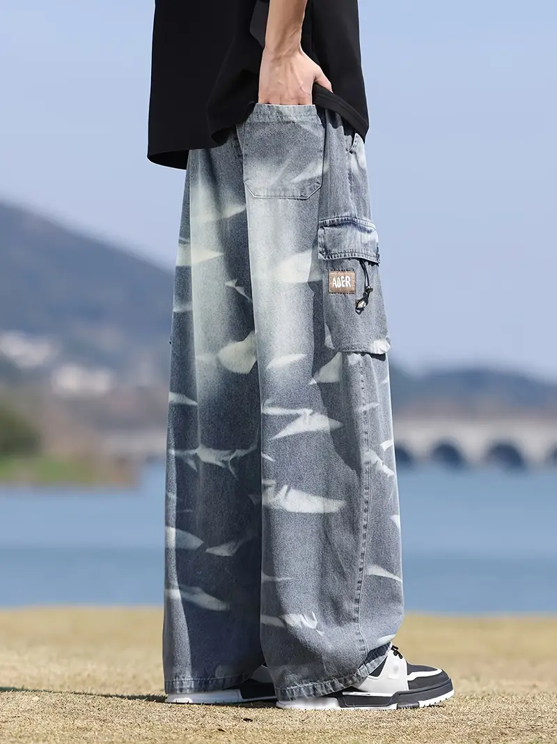 Men's Wide-Leg Cargo Denim Pants