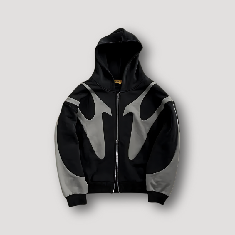 Men's hooded zip-up hoodie with contrasting graphic panels and long sleeves