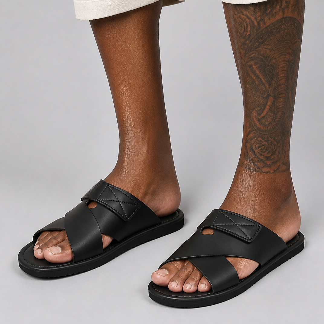 Men’s Black Cross-Strap Vegan Leather Slides