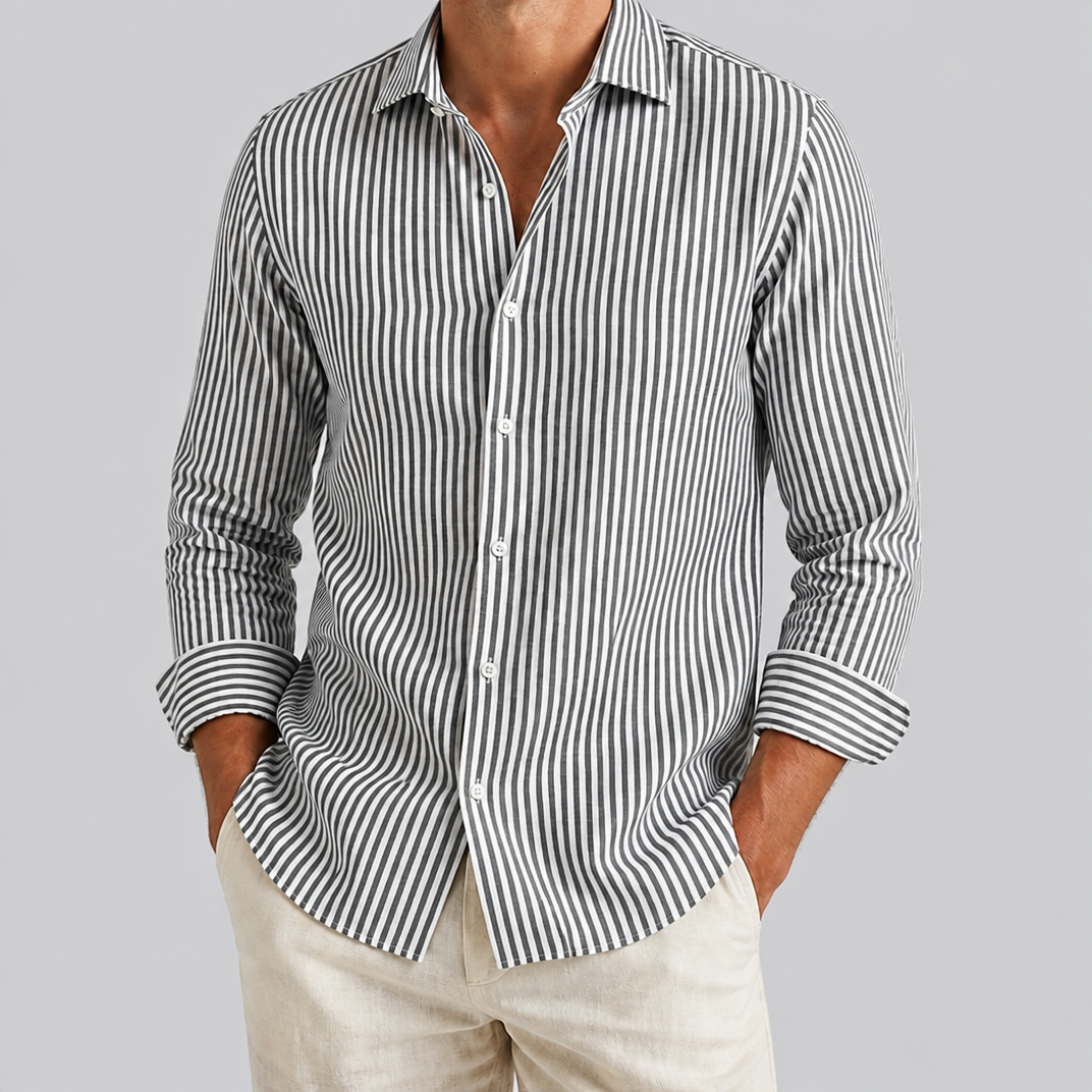 Men’s Blue Striped Linen Long Sleeve Shirt