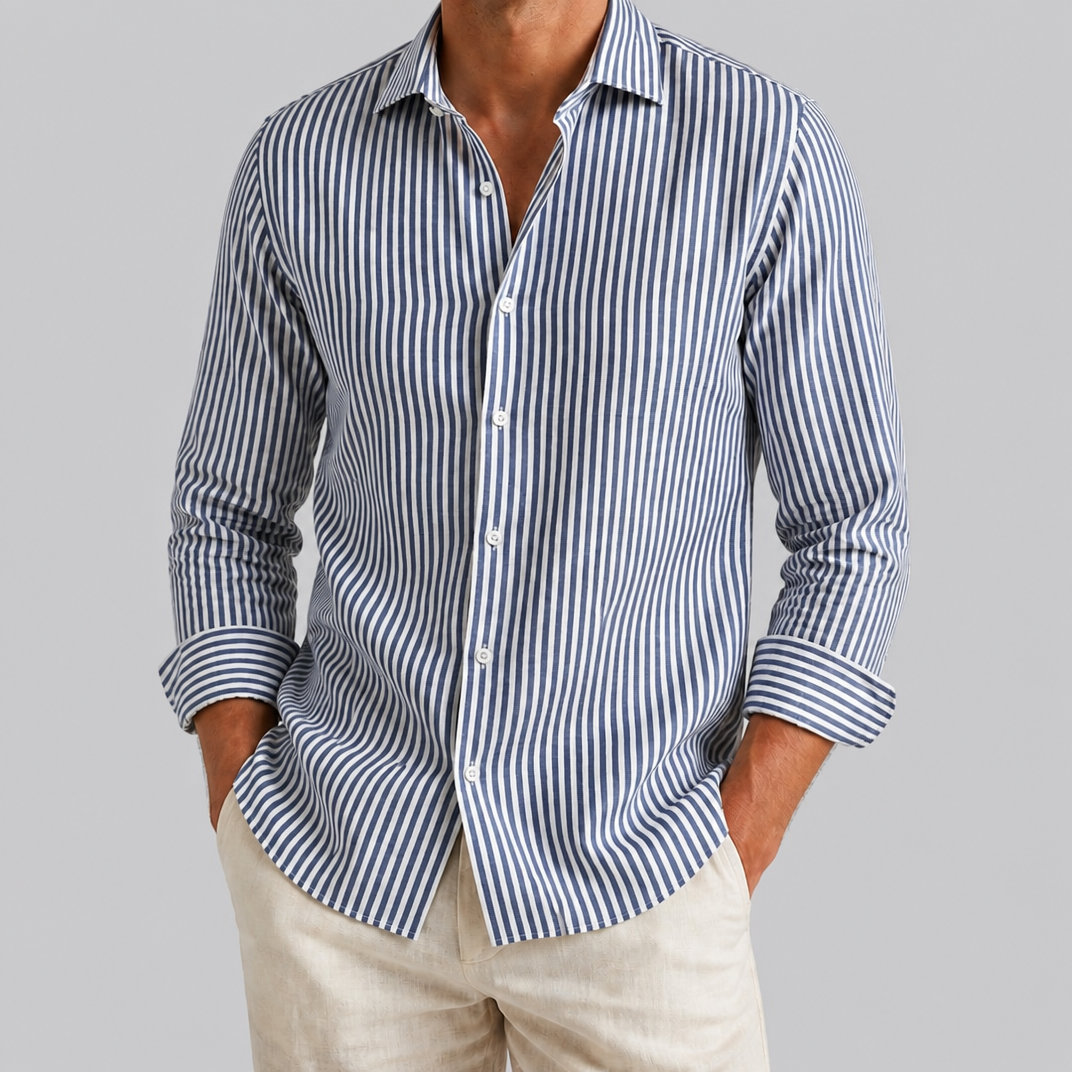 Men’s Blue Striped Linen Long Sleeve Shirt