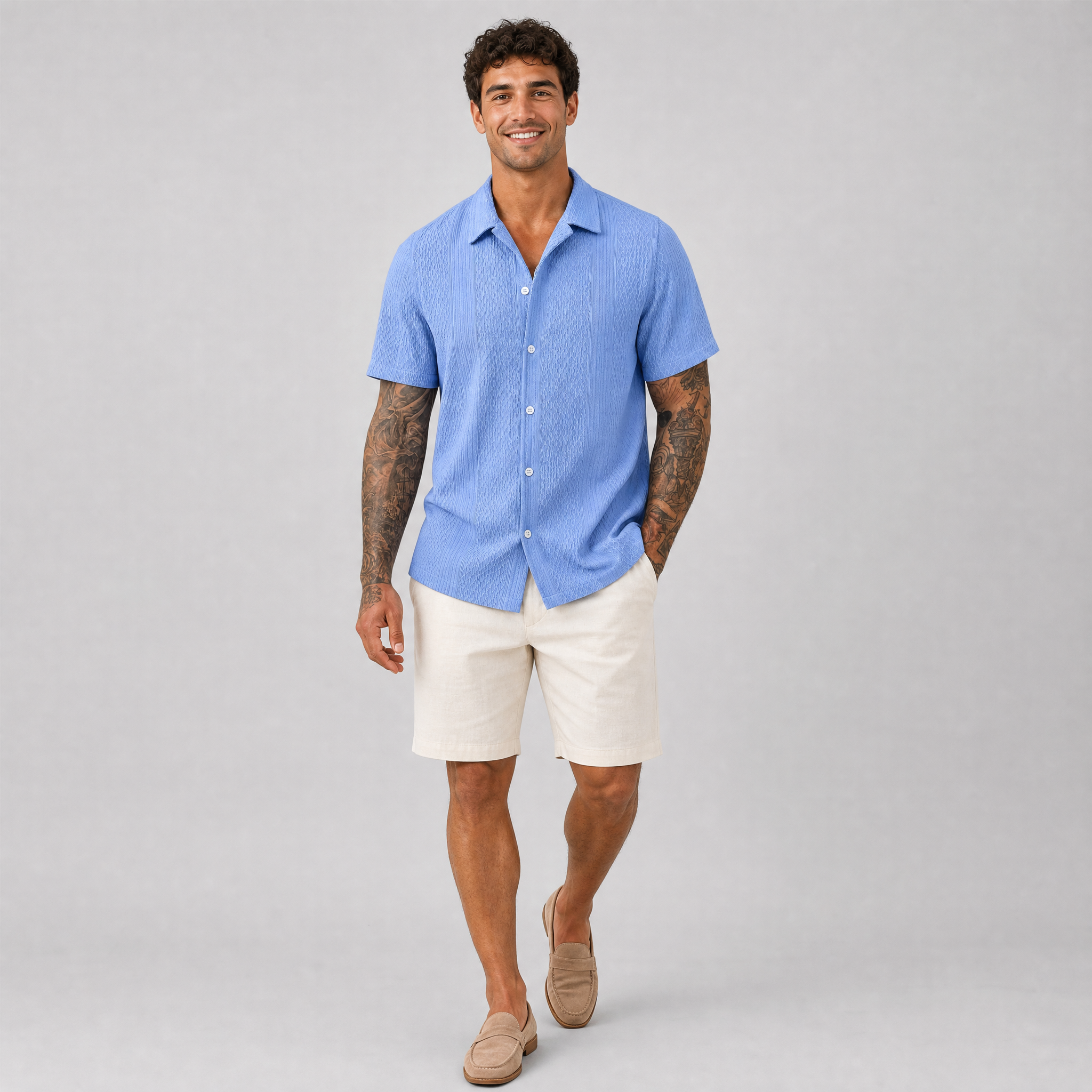 Men's Blue Textured Short Sleeve Shirt – Smart Casual Summer Shirt