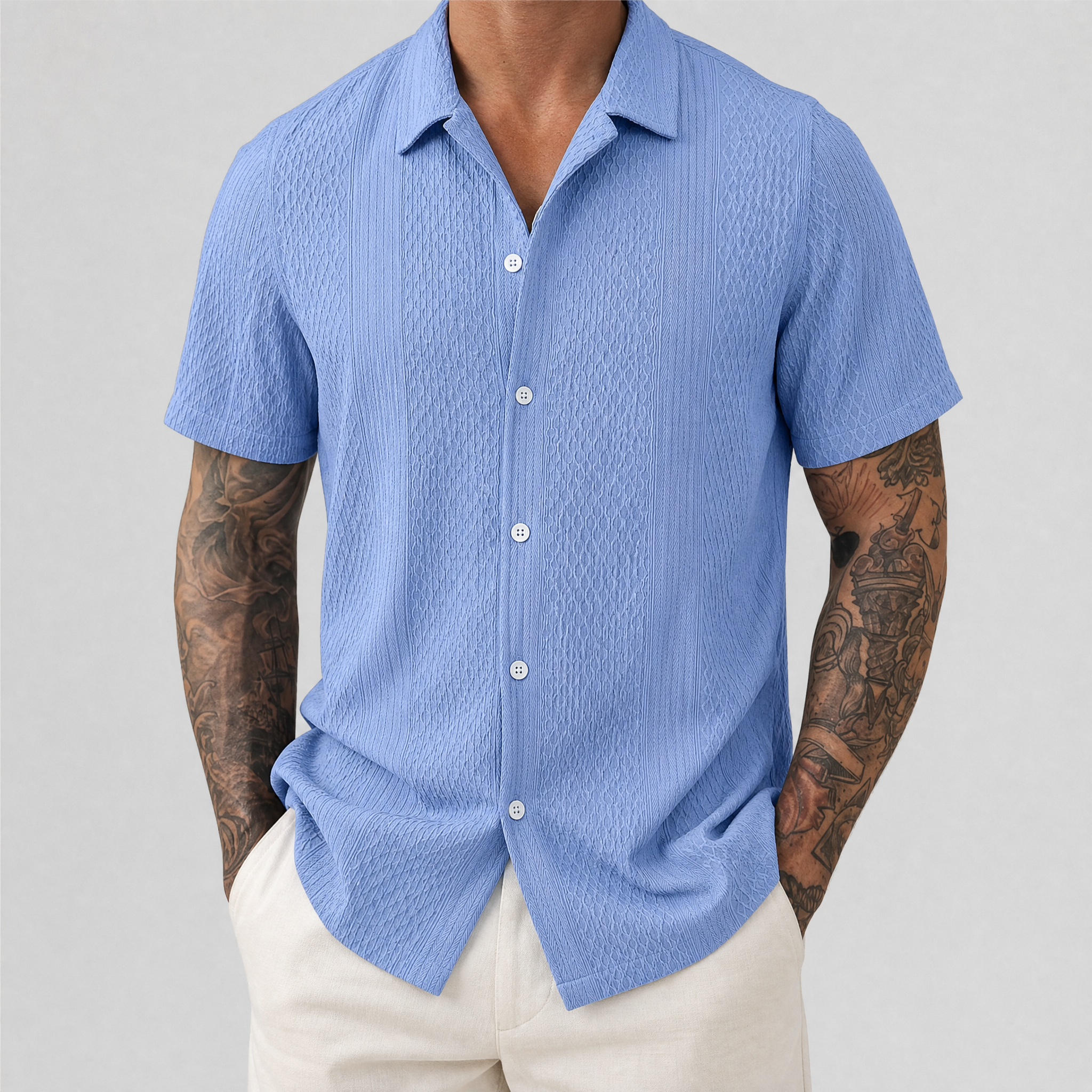 Men's Blue Textured Short Sleeve Shirt – Smart Casual Summer Shirt