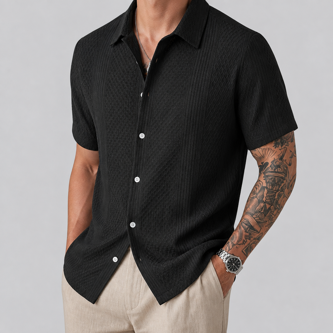 Men's Blue Textured Short Sleeve Shirt – Smart Casual Summer Shirt