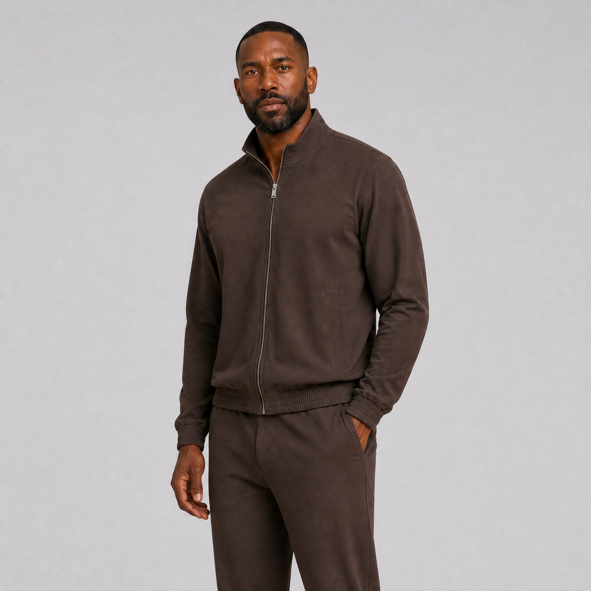 Men's Brown Cotton-Blend Tracksuit Set – Zip Up