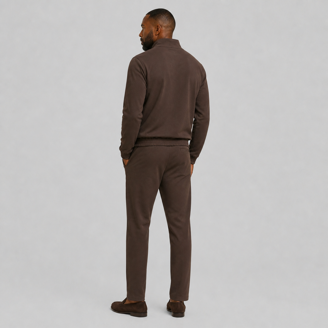 Men's Brown Cotton-Blend Tracksuit Set – Zip Up