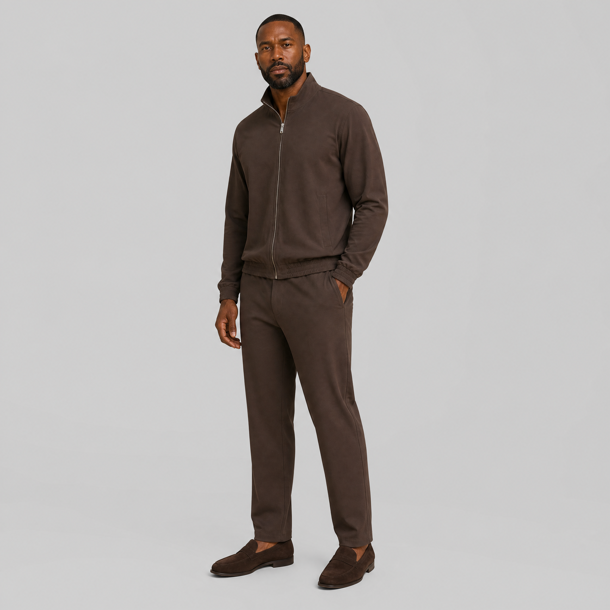 Men's Brown Cotton-Blend Tracksuit Set – Zip Up