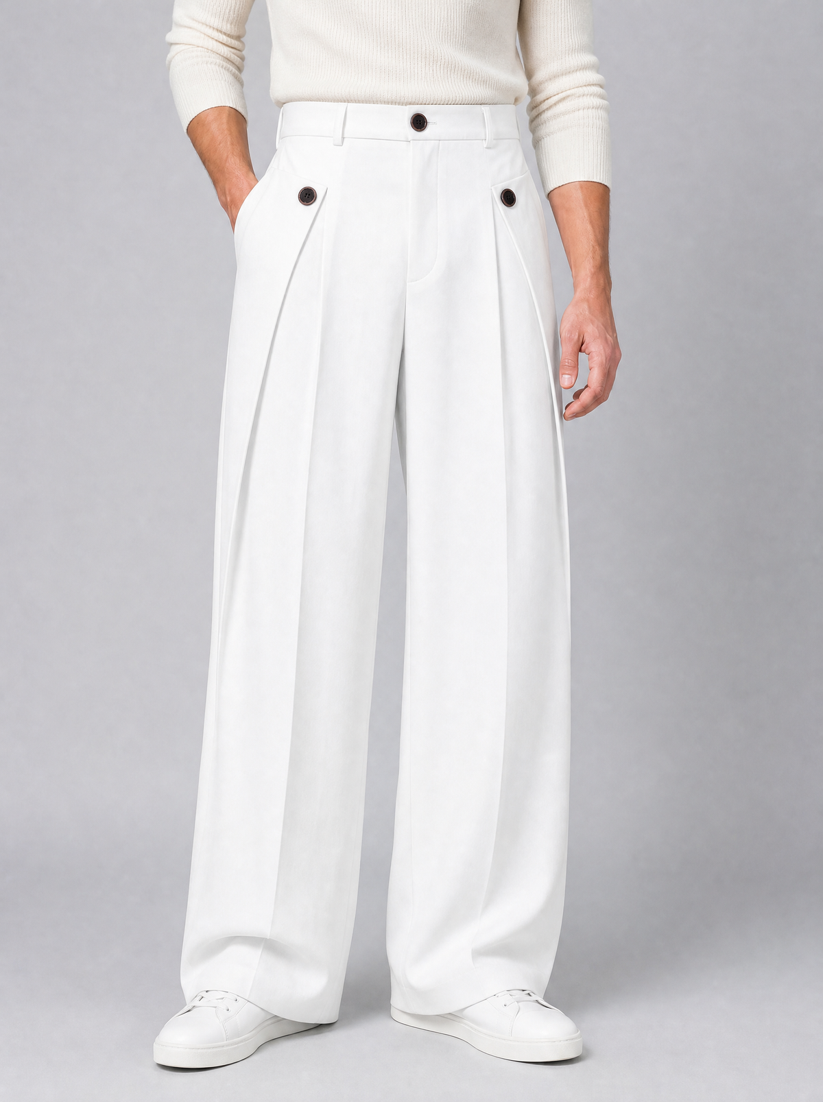Men's Brown Wool Blend Pleated Wide Leg Trousers