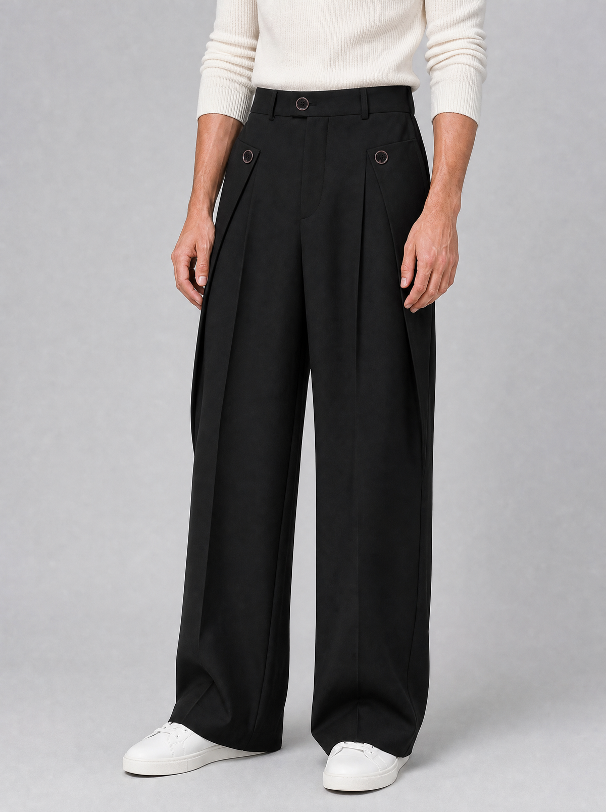 Men's Brown Wool Blend Pleated Wide Leg Trousers