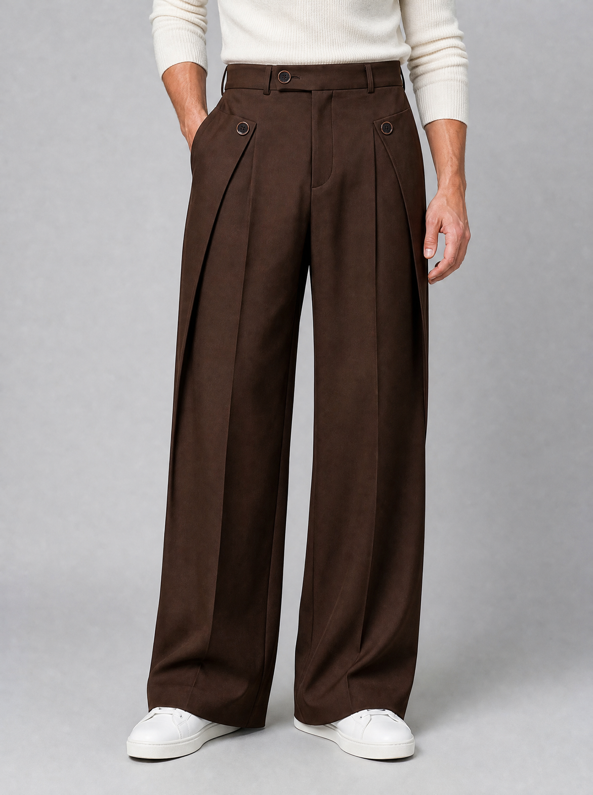 Men's Brown Wool Blend Pleated Wide Leg Trousers