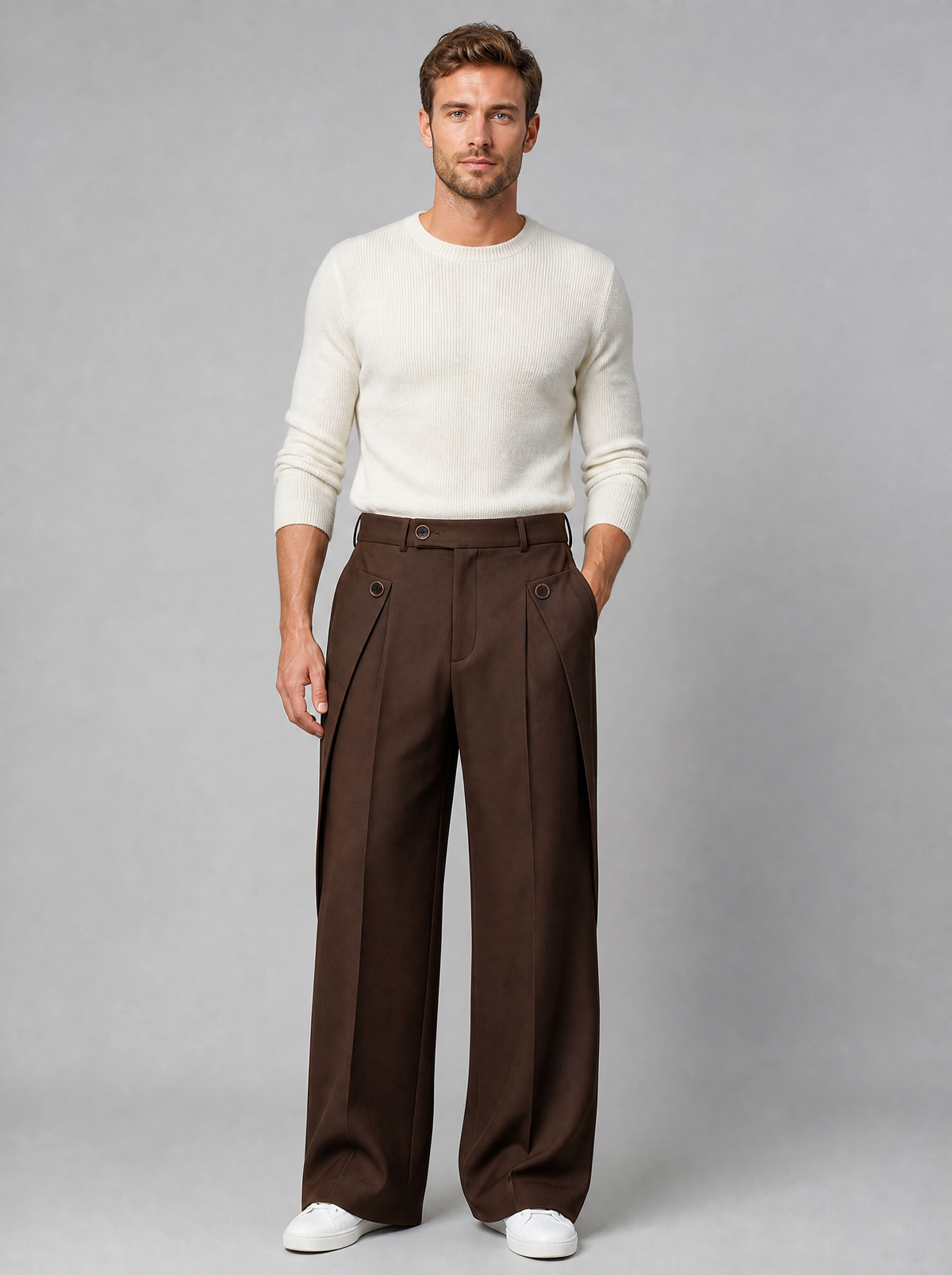 Men's Brown Wool Blend Pleated Wide Leg Trousers