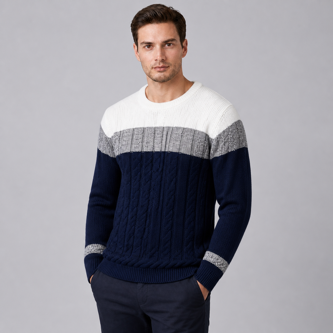 Men's Cable Knit Cotton Regular-Fit Colour-Block Crewneck Pullover