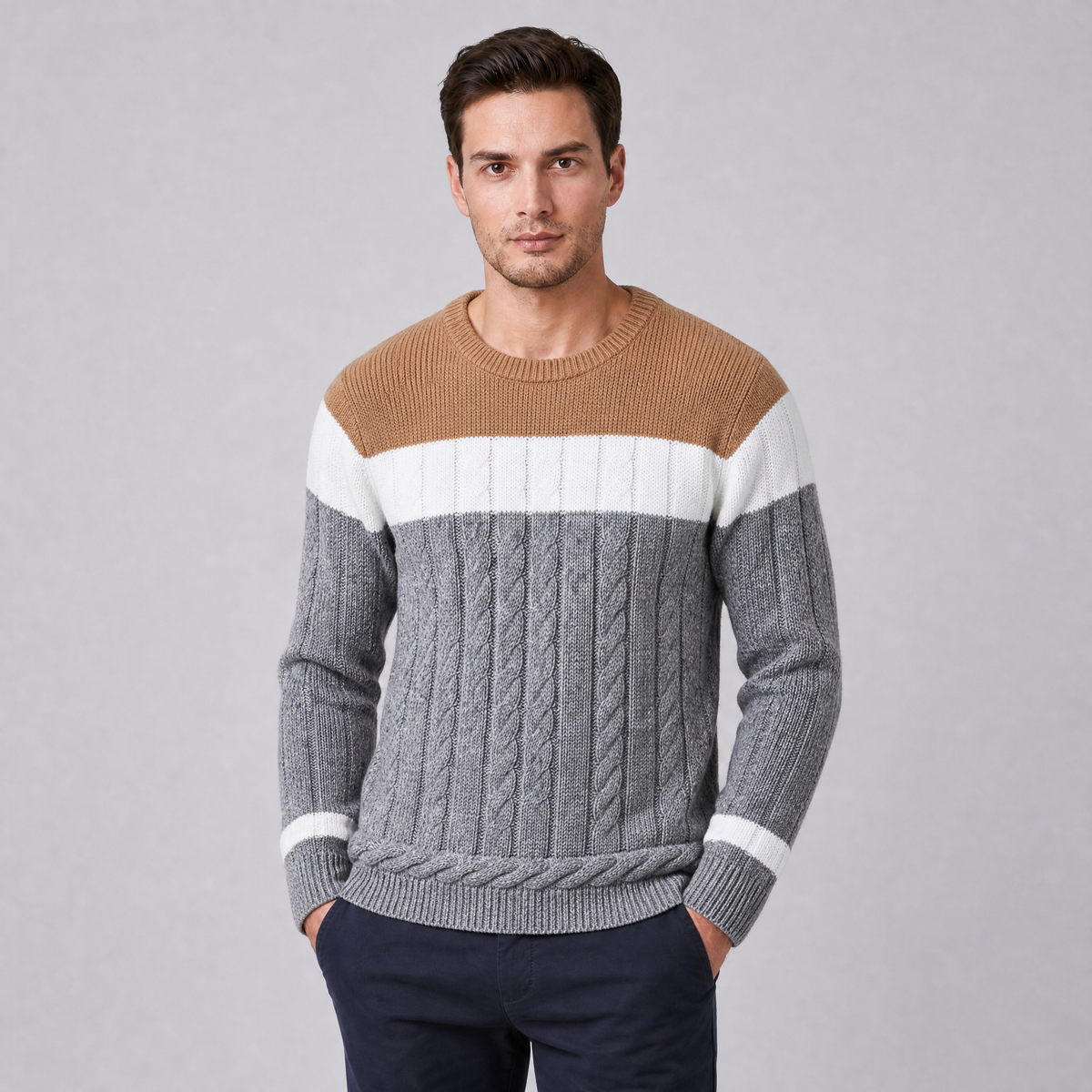 Men's Cable Knit Cotton Regular-Fit Colour-Block Crewneck Pullover