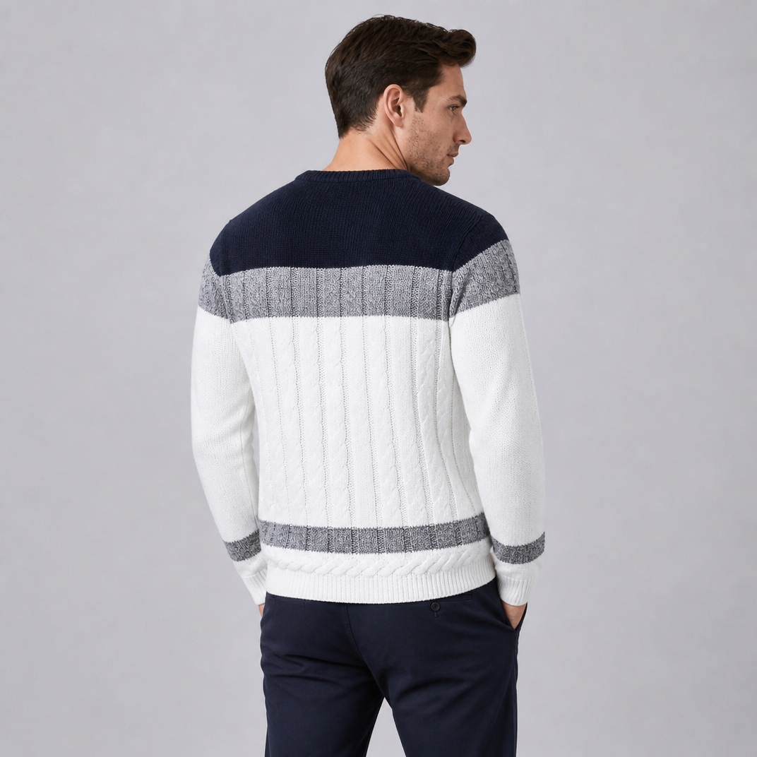 Men's Cable Knit Cotton Regular-Fit Colour-Block Crewneck Pullover