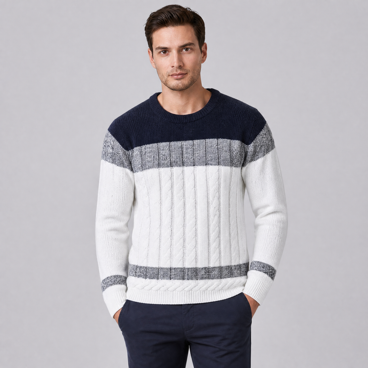 Men's Cable Knit Cotton Regular-Fit Colour-Block Crewneck Pullover
