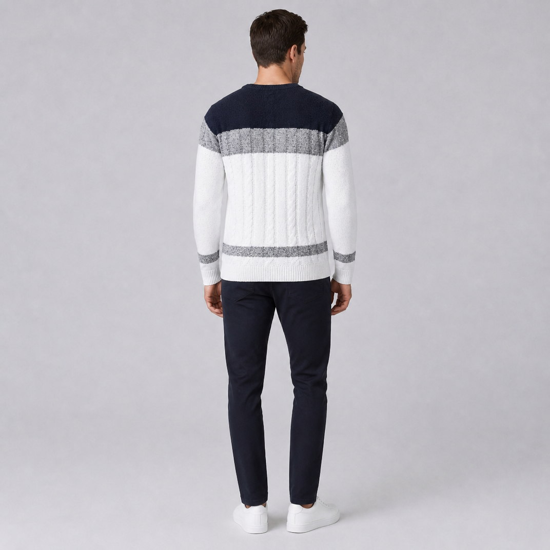 Men's Cable Knit Cotton Regular-Fit Colour-Block Crewneck Pullover