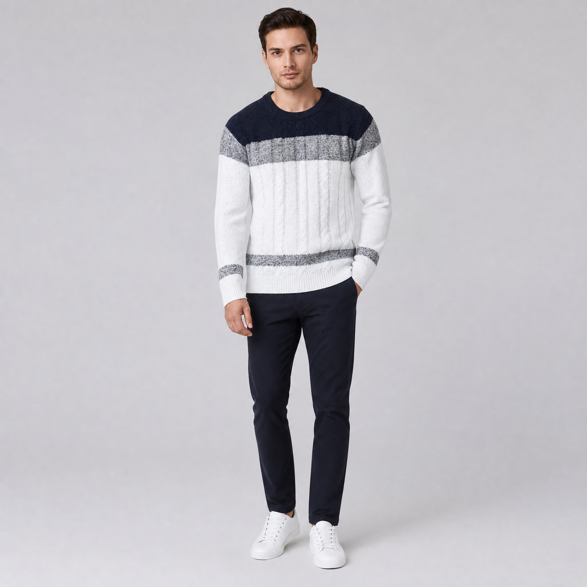 Men's Cable Knit Cotton Regular-Fit Colour-Block Crewneck Pullover