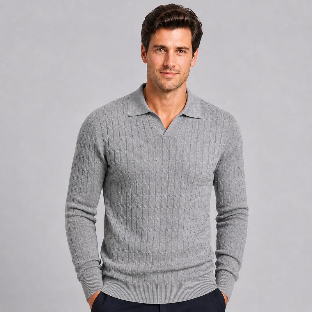 Men's Cable Knit Cotton Slim-Fit Open Collar Long-Sleeve Polo Shirt