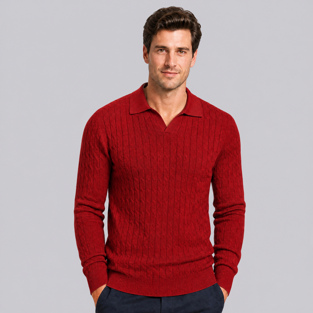 Men's Cable Knit Cotton Slim-Fit Open Collar Long-Sleeve Polo Shirt