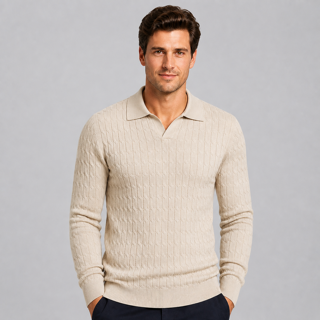 Men's Cable Knit Cotton Slim-Fit Open Collar Long-Sleeve Polo Shirt