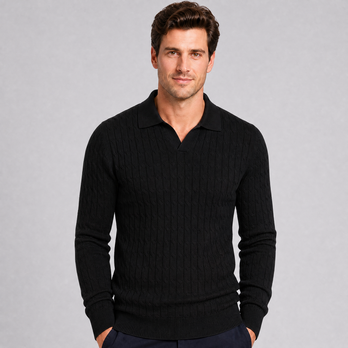 Men's Cable Knit Cotton Slim-Fit Open Collar Long-Sleeve Polo Shirt