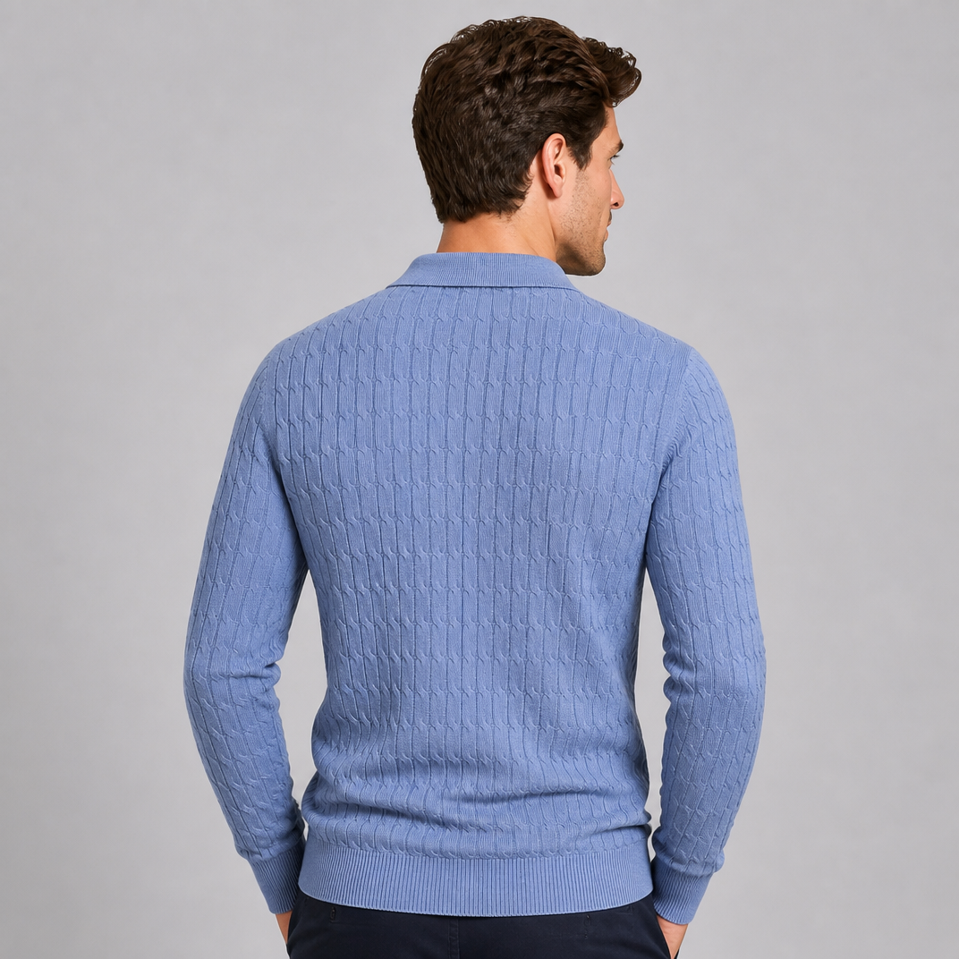 Men's Cable Knit Cotton Slim-Fit Open Collar Long-Sleeve Polo Shirt