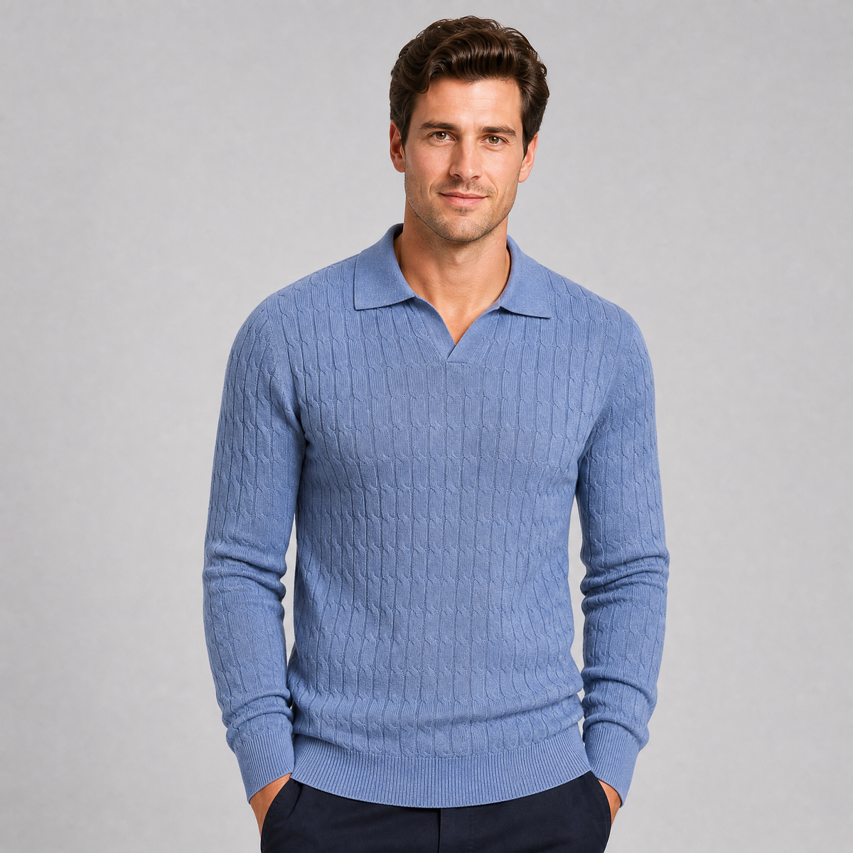 Men's Cable Knit Cotton Slim-Fit Open Collar Long-Sleeve Polo Shirt