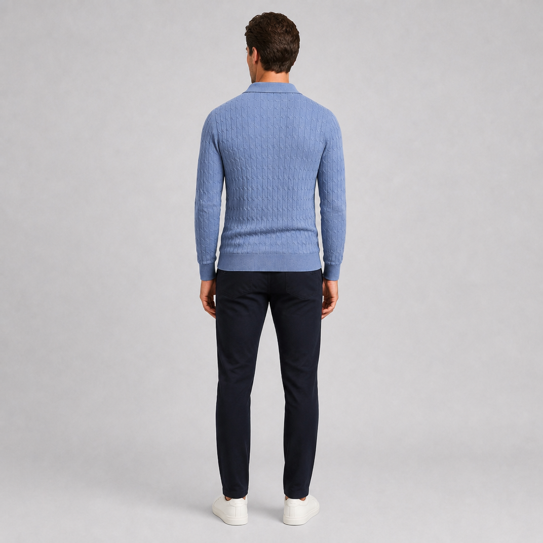 Men's Cable Knit Cotton Slim-Fit Open Collar Long-Sleeve Polo Shirt