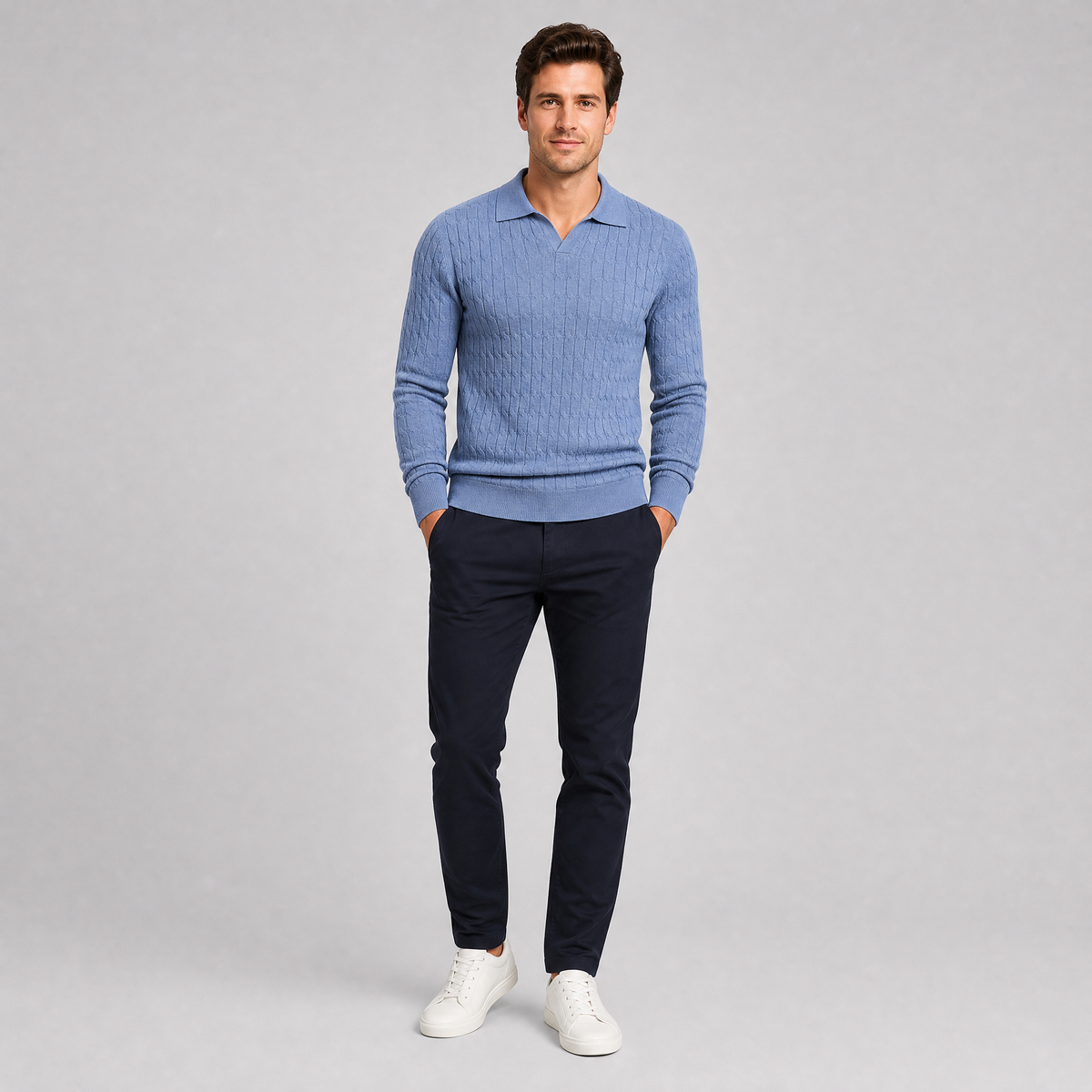 Men's Cable Knit Cotton Slim-Fit Open Collar Long-Sleeve Polo Shirt
