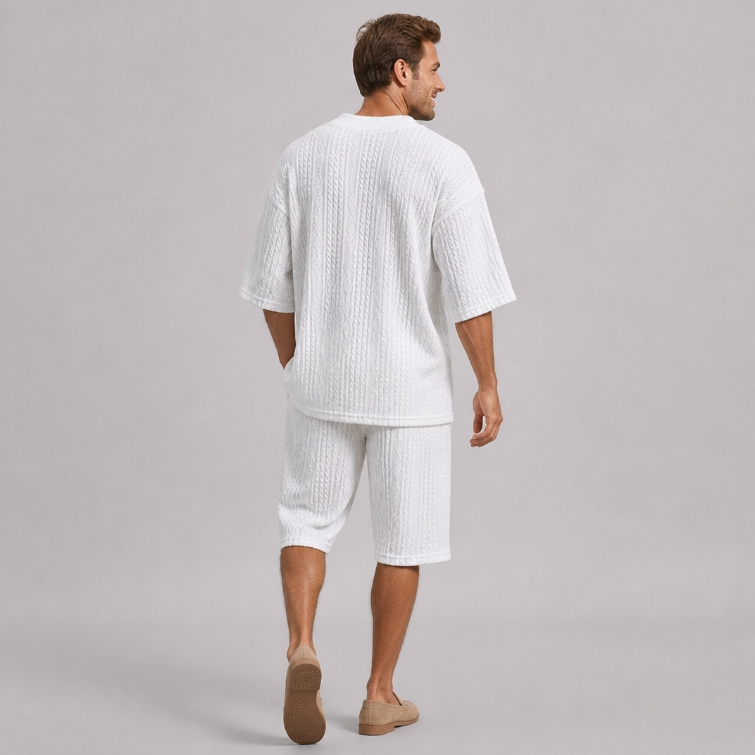 Men’s Cable-Knit V-Neck Top and Drawstring Shorts Set