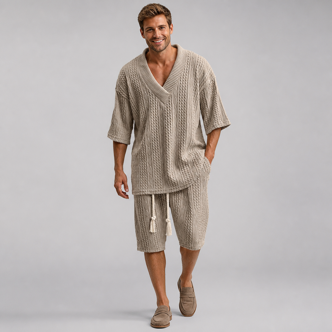 Men’s Cable-Knit V-Neck Top and Drawstring Shorts Set