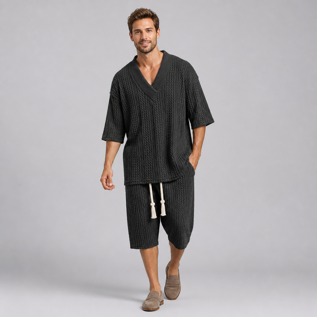 Men’s Cable-Knit V-Neck Top and Drawstring Shorts Set