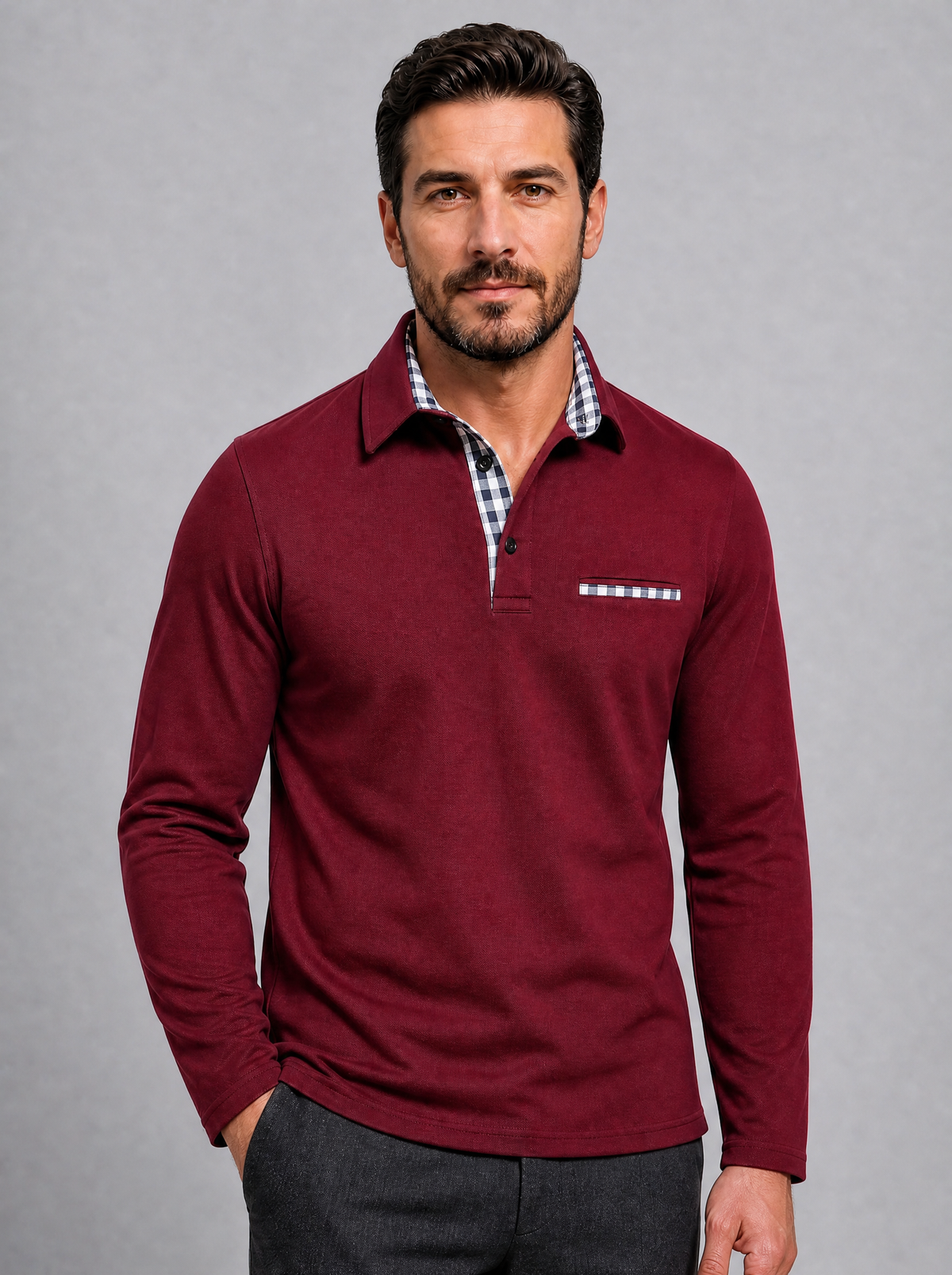 Men's Cotton Check Trim Slim Fit Long Sleeve Polo Shirt - Red colour view