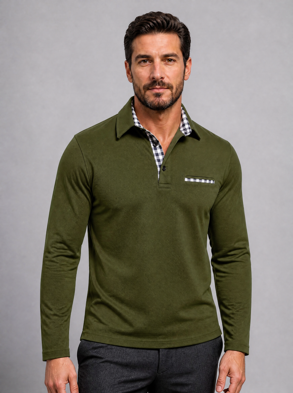 Men's Cotton Check Trim Slim Fit Long Sleeve Polo Shirt - Green colour view