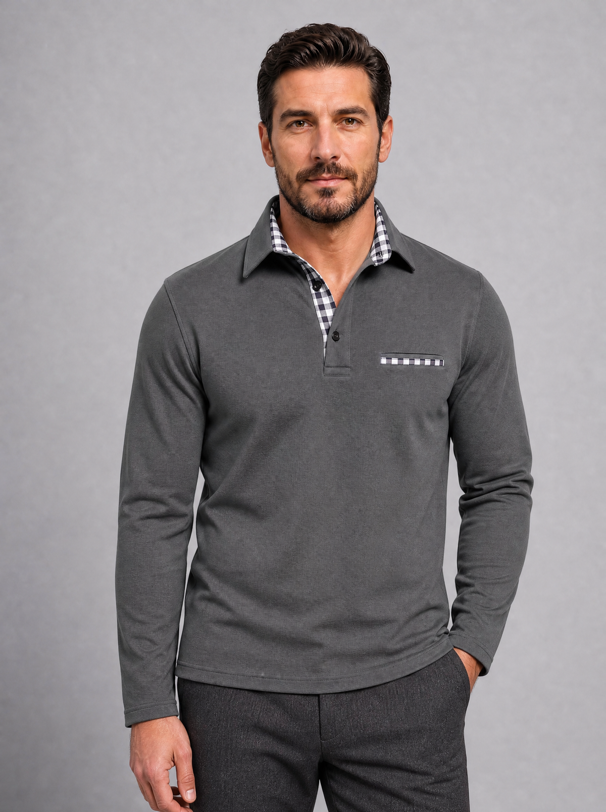 Men's Cotton Check Trim Slim Fit Long Sleeve Polo Shirt - Grey colour view