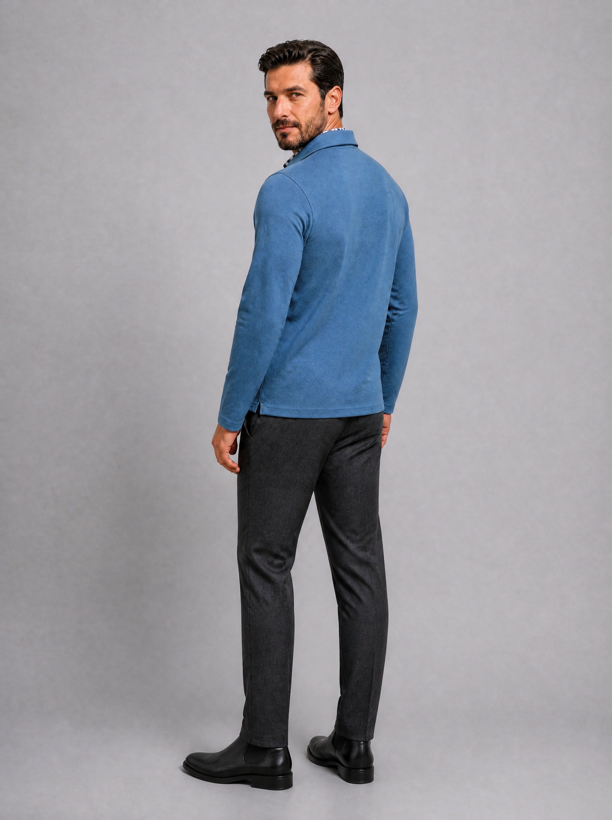 Men's Cotton Check Trim Slim Fit Long Sleeve Polo Shirt - product view 2
