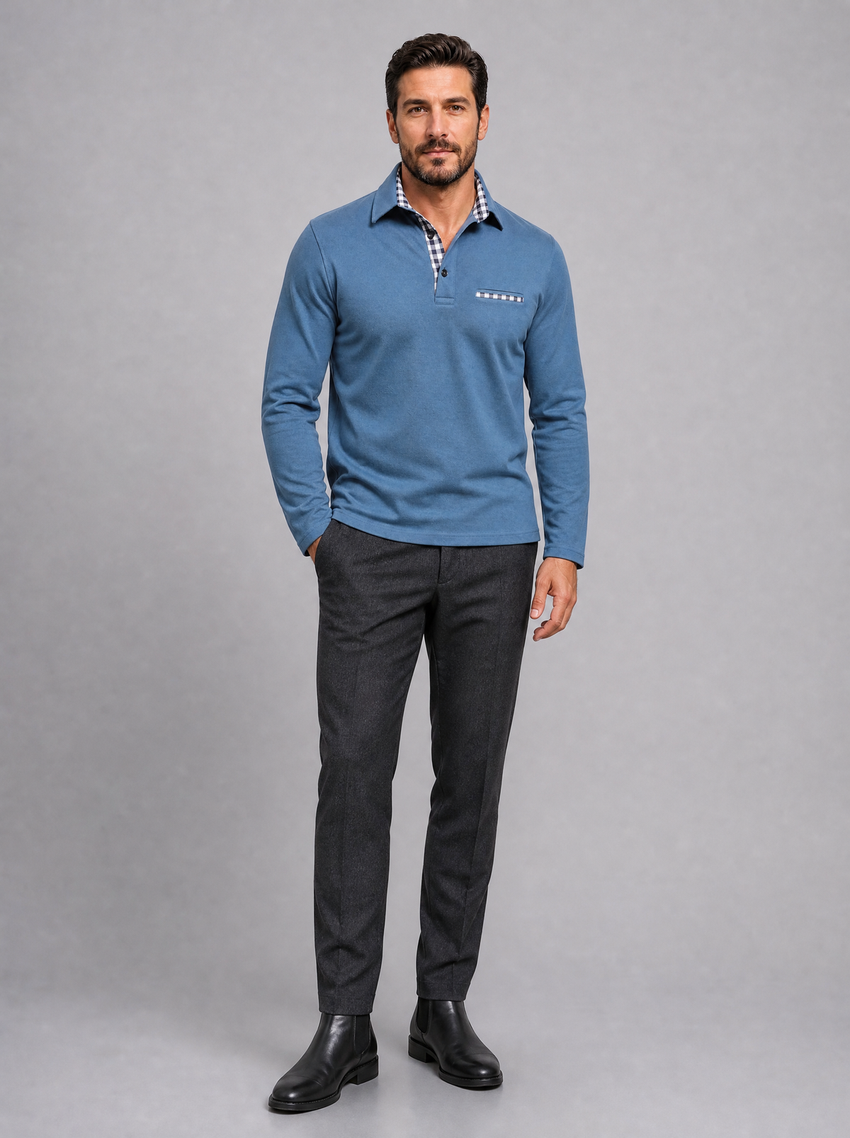 Men's Cotton Check Trim Slim Fit Long Sleeve Polo Shirt - product view 1