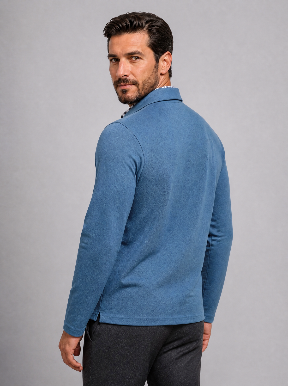 Men's Cotton Check Trim Slim Fit Long Sleeve Polo Shirt - product view 4