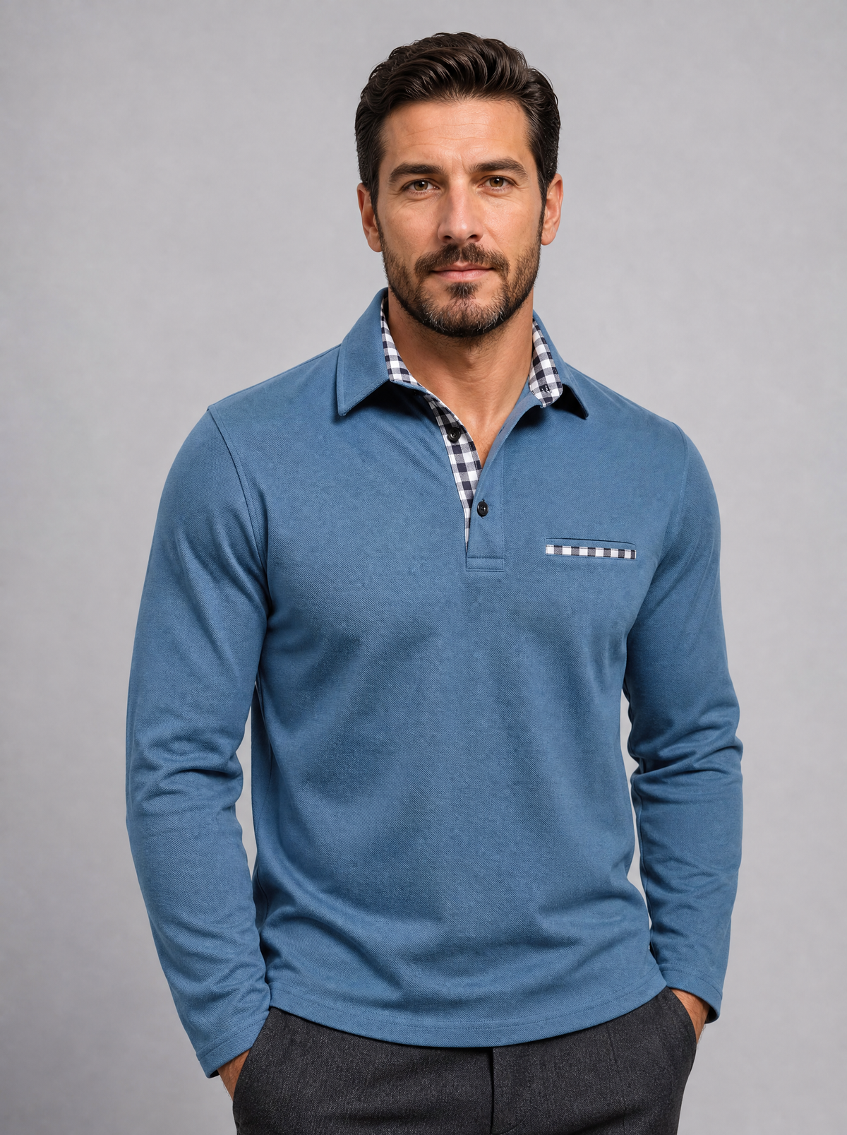 Men's Cotton Check Trim Slim Fit Long Sleeve Polo Shirt - Blue colour view